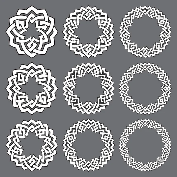 丸いフレームのセット ストライプ編組の境界線とロゴデザインのための9つの装飾要素 灰色の背景に黒いストロークを持つ白い線 — ストックベクタ