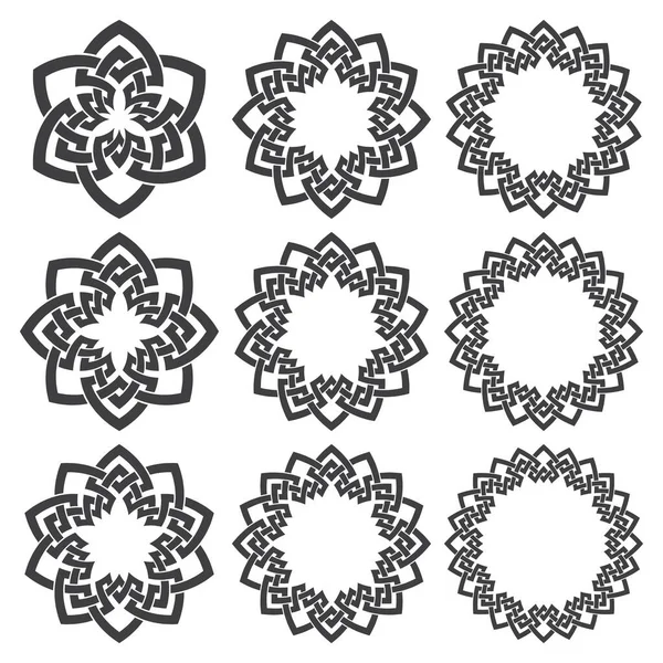 丸いフレームのセット ストライプ編組の境界線とロゴデザインのための9つの装飾要素 白地に黒い線 — ストックベクタ