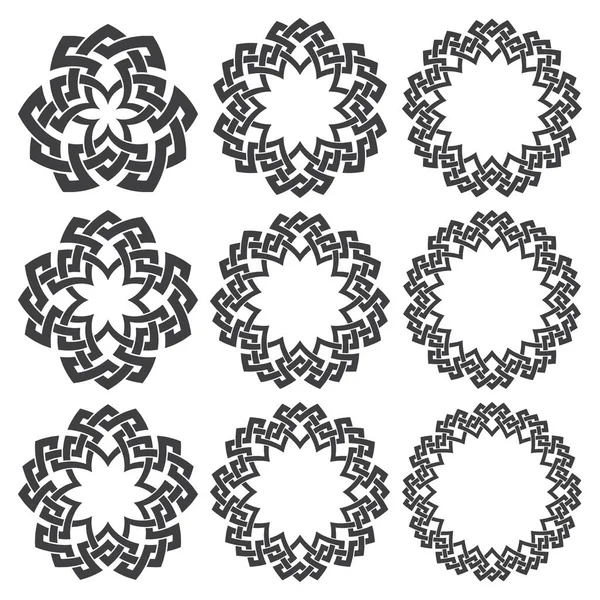Набор Круглых Рам Девять Декоративных Элементов Оформления Логотипа Плетением Полос — стоковый вектор