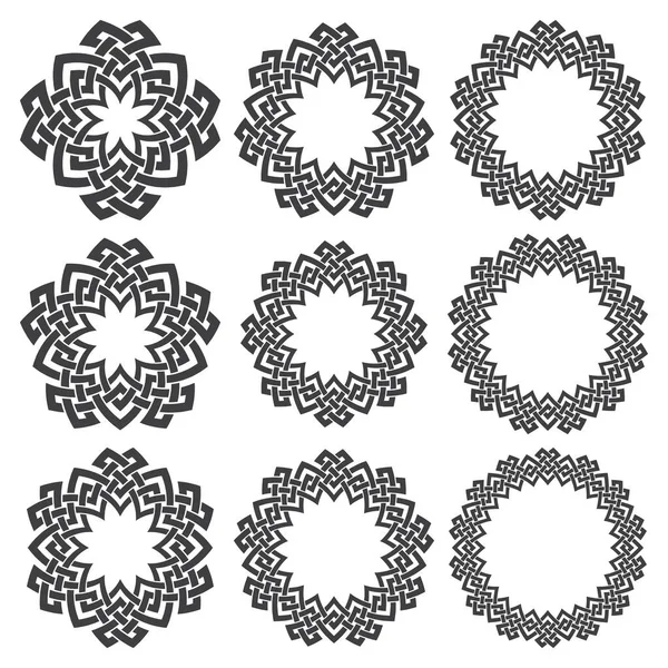 丸いフレームのセット ストライプ編組の境界線とロゴデザインのための9つの装飾要素 白地に黒い線 — ストックベクタ