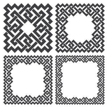 Kare çerçeveler, dikdörtgen desenler. Çizgili örgü kenarlı dizayn için 4 dekoratif element. Beyaz arkaplanda siyah çizgiler.