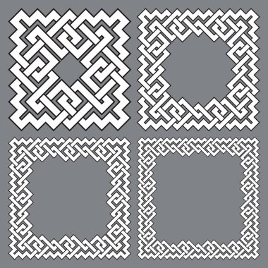 Kare çerçeveler, dikdörtgen desenler. Çizgili örgü kenarlı dizayn için 4 dekoratif element. Gri arkaplanda siyah çizgiler.