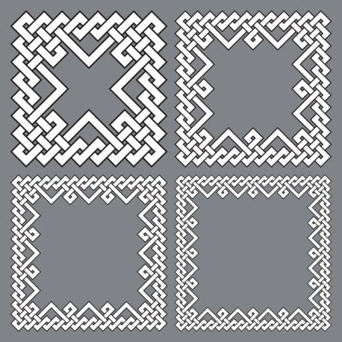 Kare çerçeveler, dikdörtgen desenler. Çizgili örgü kenarlı dizayn için 4 dekoratif element. Gri arkaplanda siyah çizgiler.