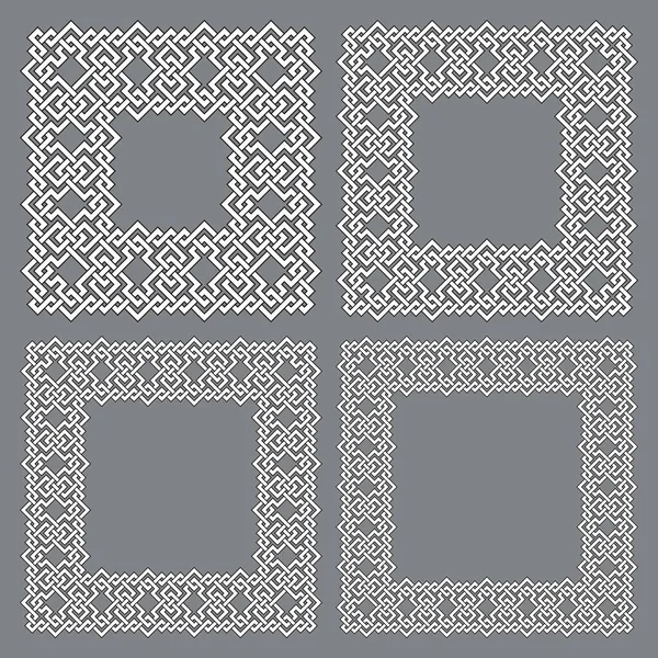 正方形のフレームのセット 異なるサイズの長方形のパターン ストライプ編組の境界とデザインのための4つの装飾要素 灰色の背景に黒いストロークを持つ白い線 — ストックベクタ