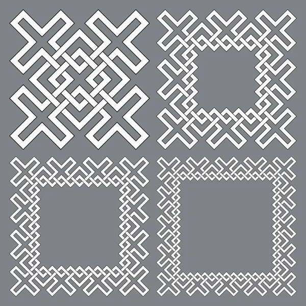 正方形のフレーム 長方形のパターンのセット ストライプ編組の境界とデザインのための4つの装飾要素 灰色の背景に黒いストロークを持つ白い線 — ストックベクタ