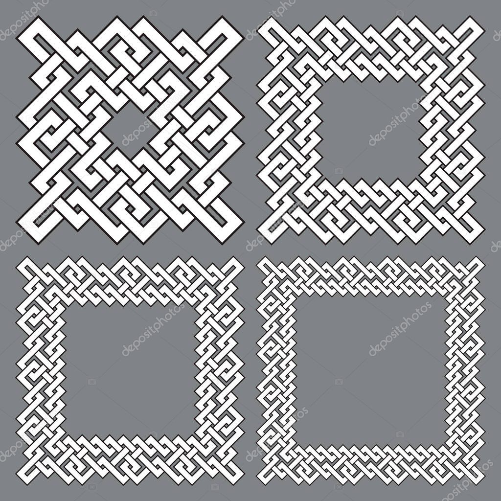 Set of square frames, rectangular patterns. 4 decorative elements for design with stripes braiding borders. White lines with black strokes on gray background.