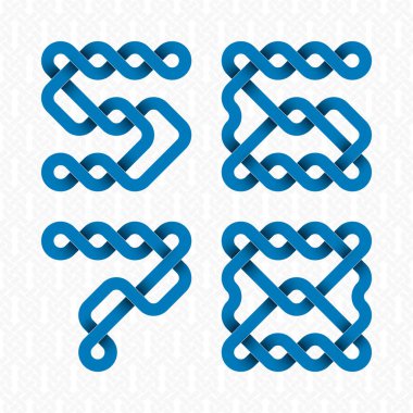 Bükülmüş şeritlerin yazı tipi. Beyaz desenli arka planda beş, altı, yedi, sekiz mavi yardım figürü.