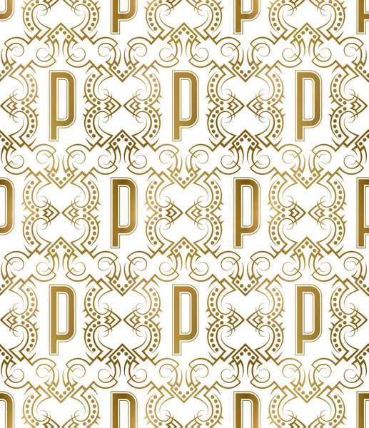 Golden Initial Seamless Pattern Letter Heraldic Vintage Decorative Wallpaper Fabric — Stock Vector