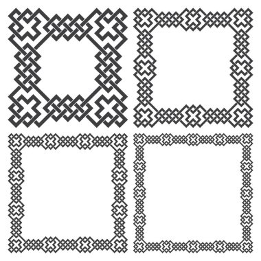 Kare çerçeveler, dikdörtgen desenler. Çizgili örgü kenarlı dizayn için 4 dekoratif element. Beyaz arkaplanda siyah çizgiler.
