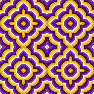 Purple golden optical illusion seamless pattern. Abstract moving wallpaper of patterned tiles. clipart
