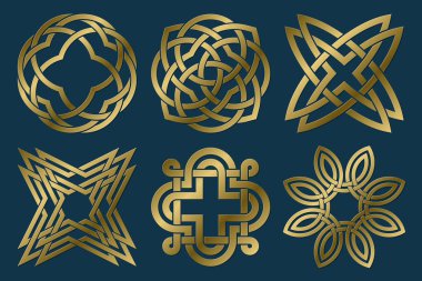 Altın kutsal semboller seti. Vektör soyut sihirli işaretler koleksiyonu. İzole logo şablonları.