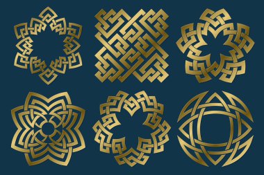 Altın kutsal semboller seti. Vektör soyut antik amblem koleksiyonu. İzole mücevher logo şablonları.