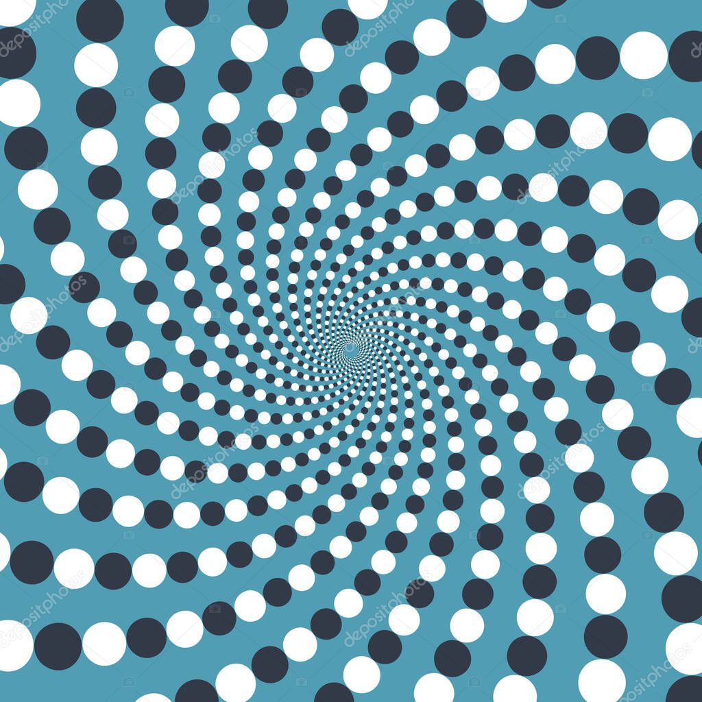 Trippy optical illusion vector background. White blue spiral dotted pattern.