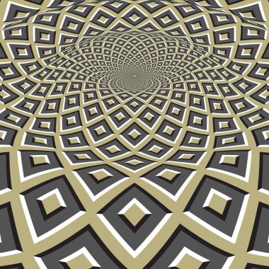 Optik illüzyon vektörü soyutlaması. Yeşil gri kare desenli yüzeyde sıçrama.