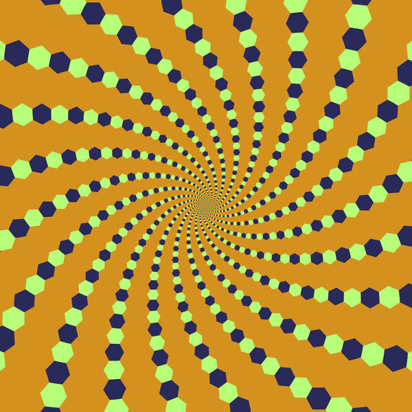 Триппи оптический векторный фон. Зелено-оранжевый спиральный шестиугольник.