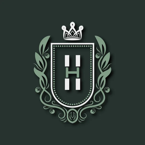 Vintage Premium Monogram Bokstaven Heraldiska Vapen Form Sköld Omgiven Blomsterprydnad — Stock vektor