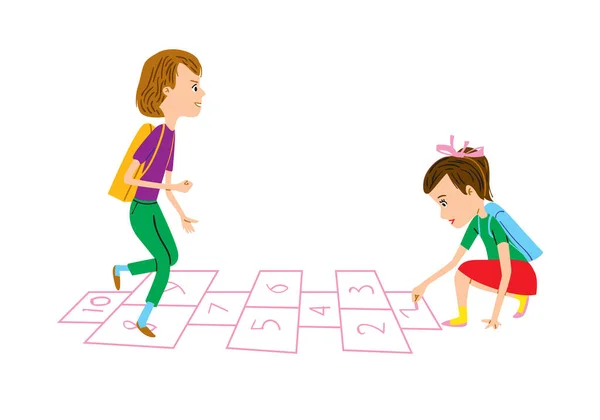 Schoolchildren Play Hopscotch Girl Draws Chalk Boy Jumps One Leg — Vector de stock