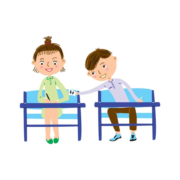 Schoolchildren Sitting Desks School Class Girl Writes Boy Gives Her — Vector de stock