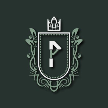 P. Heraldic harfinin birinci sınıf monogramı çiçek süsü ve taç ile çevrili bir kalkan şeklinde..