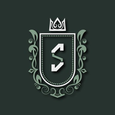 S. Heraldic harfinin birinci sınıf monogramı çiçek süsü ve taç ile çevrili bir kalkan şeklinde..