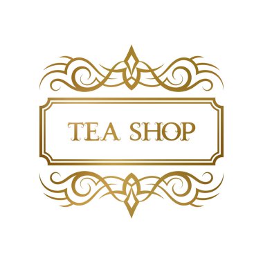 Kısa metinler için kıvırcık süslemeleri olan altın zarif çerçeve. Antika çay dükkanı tabelası, tebrik kartı veya kitap kapağı tasarımı.