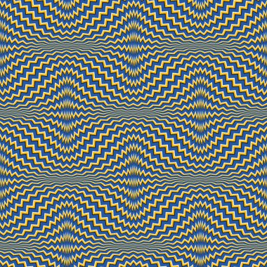Optik illüzyon kusursuz desen. Mavi ve altın zikzak çizgilerinin tekrarlanabilir dokusu.