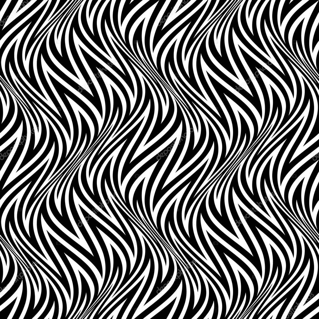 Warped seamless pattern of black zigzag lines in form of a flame. Psychedelic optical illusion wavy repeatable texture.