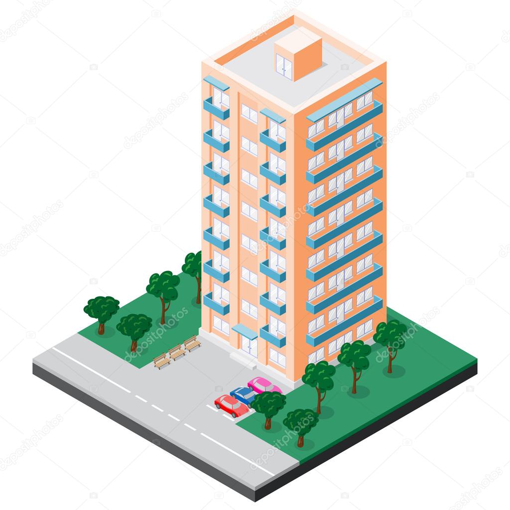 Isometric multistory building with balconies which has benches, cars, sidewalk and trees in courtyard