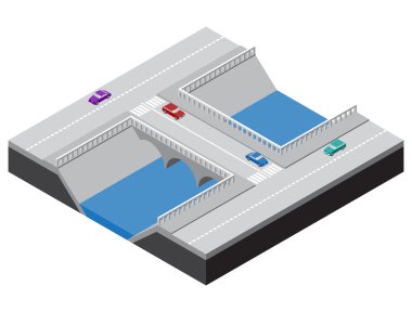 Isometric bridge across a river with roads, sidewalks and cars clipart