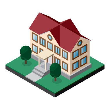 Two-story building with lawn and trees clipart
