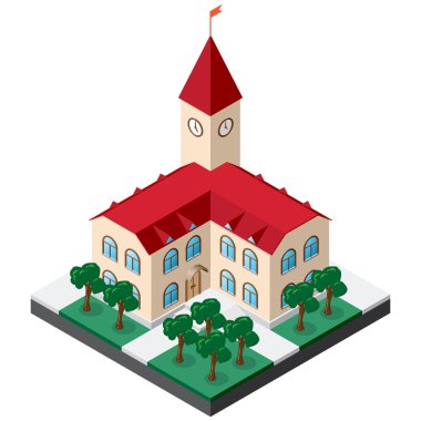 Two-story townhouse building with clock on the tower surrounded by lawn with trees and sidewalks clipart