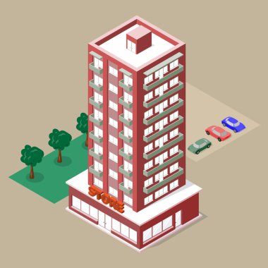 İzometrik çok öykülü bina mağaza ve balkon