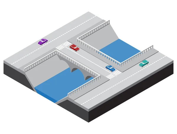 Puente isométrico sobre un río con caminos, aceras y coches — Archivo Imágenes Vectoriales