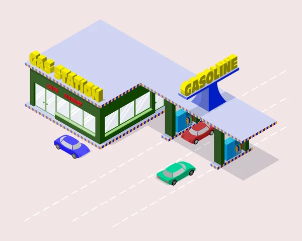 Estación de servicio isométrica con coches, boquillas de bomba de gasolina, mercado, cafetería y marcas en la carretera — Vector de stock