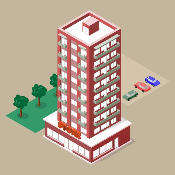 Bangunan multistory Isometric dengan toko dan balkon - Stok Vektor