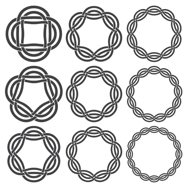 Devět kruhové dekorativní prvky s pruhy, pletení — Stockový vektor