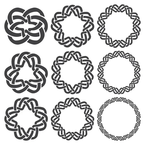 Nueve elementos decorativos circulares con trenzado a rayas — Vector de stock