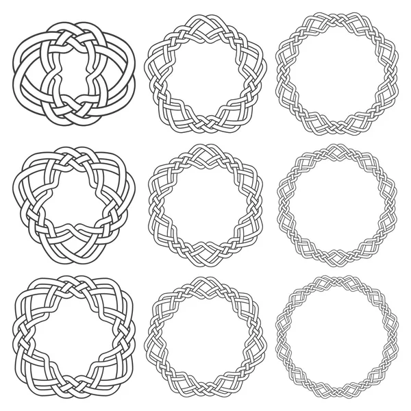 Nueve elementos decorativos circulares con trenzado a rayas — Vector de stock