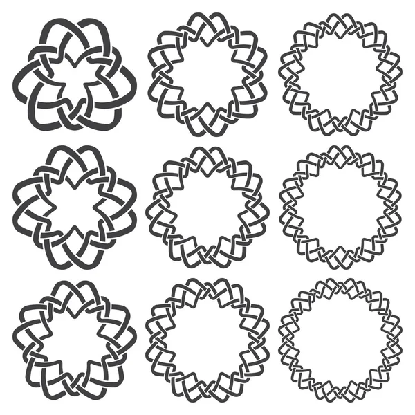 Nueve elementos decorativos circulares con trenzado a rayas — Vector de stock