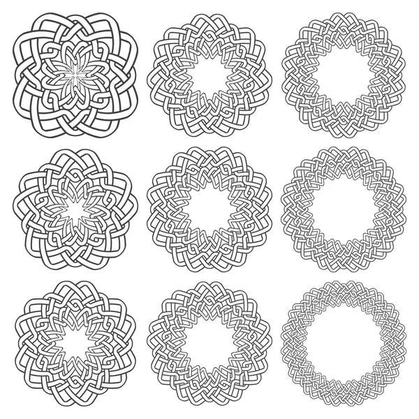 Nueve elementos decorativos circulares con trenzado a rayas — Archivo Imágenes Vectoriales