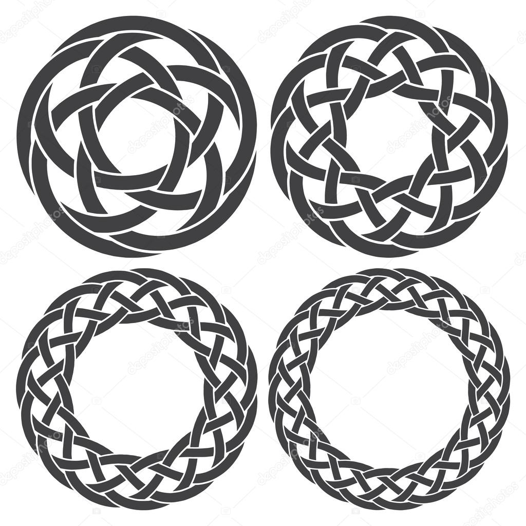 Set of celtic knotting rings. 4 circular decorative elements with stripes braiding for your design.
