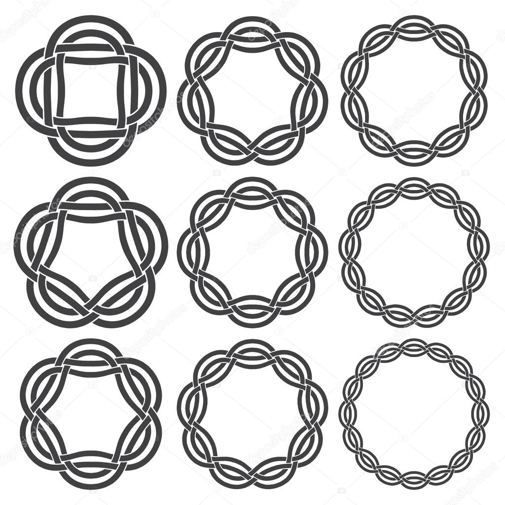 Set of vintage knotting rings. Nine circular decorative elements with stripes braiding for your design.
