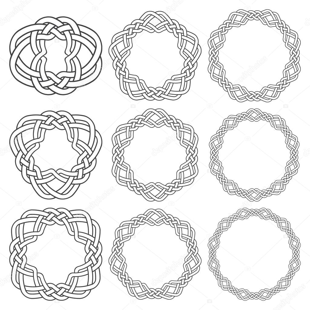 Set of magic knotting rings. Nine circular decorative elements with stripes braiding for your design.