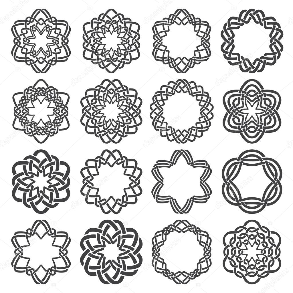 Sixteen hexagonal decorative elements with stripes braiding