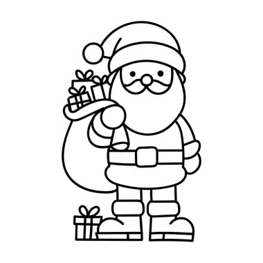 Noel Baba 'nın elinde bir hediye tutan ve çuvalını taşıyan tek renkli vektör çizgisi. Yazdırılabilir renkli sayfalar, simgeler ya da basit Noel grafikleri için harika.