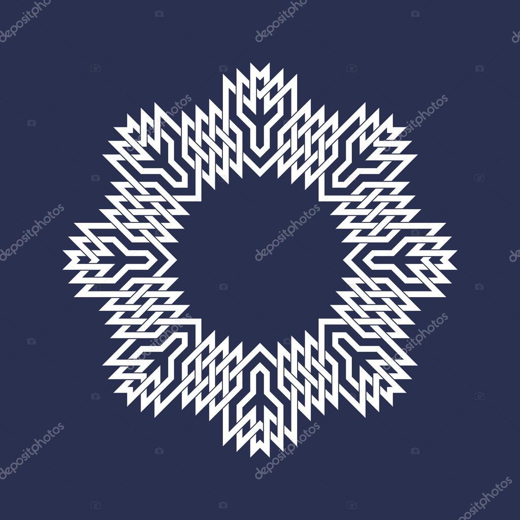 Eight pointed circular pattern in Oriental intersecting lines style. Mandala in snowflakes form on dark background.