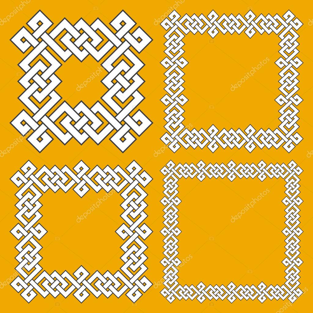 Set of magic knotting frames. 4 square decorative logo elements with stripes braiding for your design.