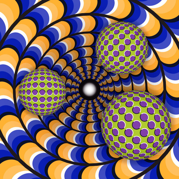 Optical illusion of rotation of three ball around of a moving hole