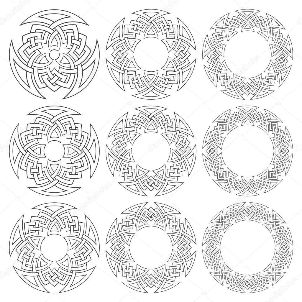 Set of magic knotting circles. Nine decorative logo elements with stripes braiding for your design