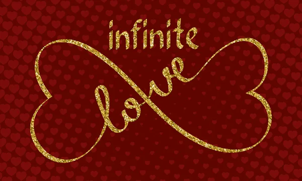 Amor infinito dorado brillante letras fondo rojo con corazones — Vector de stock